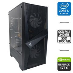 Игровой ПК MSI MAG Forge 100M Black Tower / Intel Core i7-6700 (4 (8) ядра по 3.4 - 4.0 GHz) / 16 GB DDR4 / 240 GB SSD M.2 + 1000 GB SSD / nVidia GeForce GTX 1060, 3 GB GDDR5, 192-bit / 600W + Кабели (DVI и питания)