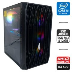 Игровой ПК 1stPlayer Ariya AY7 Tower / Intel Core i5-9400 (6 ядер по 2.9 - 4.1 GHz) / 16 GB DDR4 / 480 GB SSD + 512 GB SSD M.2 / AMD Radeon RX 590, 8 GB GDDR5, 256-bit / 500W + Кабели DVI и питания