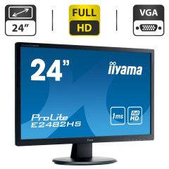 Монітор Iiyama ProLite E2482H / 24" (1920x1080) TN / VGA, DVI / Вбудовані колонки 2 x 1W / VESA 100x100 + Кабель живлення