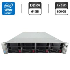 Сервер HP ProLiant DL380 Gen9 (4 LFF) 2U Rack / 2x Intel Xeon E5-2680 v4 (14 (28) ядра по 2.4 - 3.3 GHz) / 64 GB DDR4 / 2x 800 GB SSD (SAS) / RAID HP Smart Array P440ar / 2x 500W