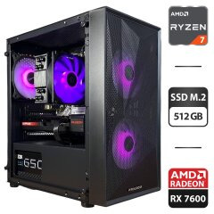 Збірка під замовлення: ігровий ПК ProLogix E102 Tempered Glass and Mesh Black Tower / AMD Ryzen 7 5700X (8 (16) ядер по 3.4 - 4.6 GHz) / 16 GB DDR4 / 512 GB SSD M.2 / AMD Radeon RX 7600, 8 GB GDDR6, 128-bit / 650W