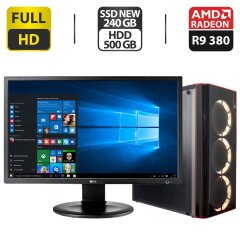 Комплект ПК: игровой ПК Frime Vision White Tower NEW / Intel Core i7-2600 (4 (8) ядра по 3.4 - 3.8 GHz) / 16 GB DDR3 / 240 GB SSD NEW + 500 GB HDD / AMD Radeon R9 380, 4 GB GDDR5, 256-bit + Монитор LG 24MB35PM-B / 24" (1920x1080) IPS + Кабели подключения